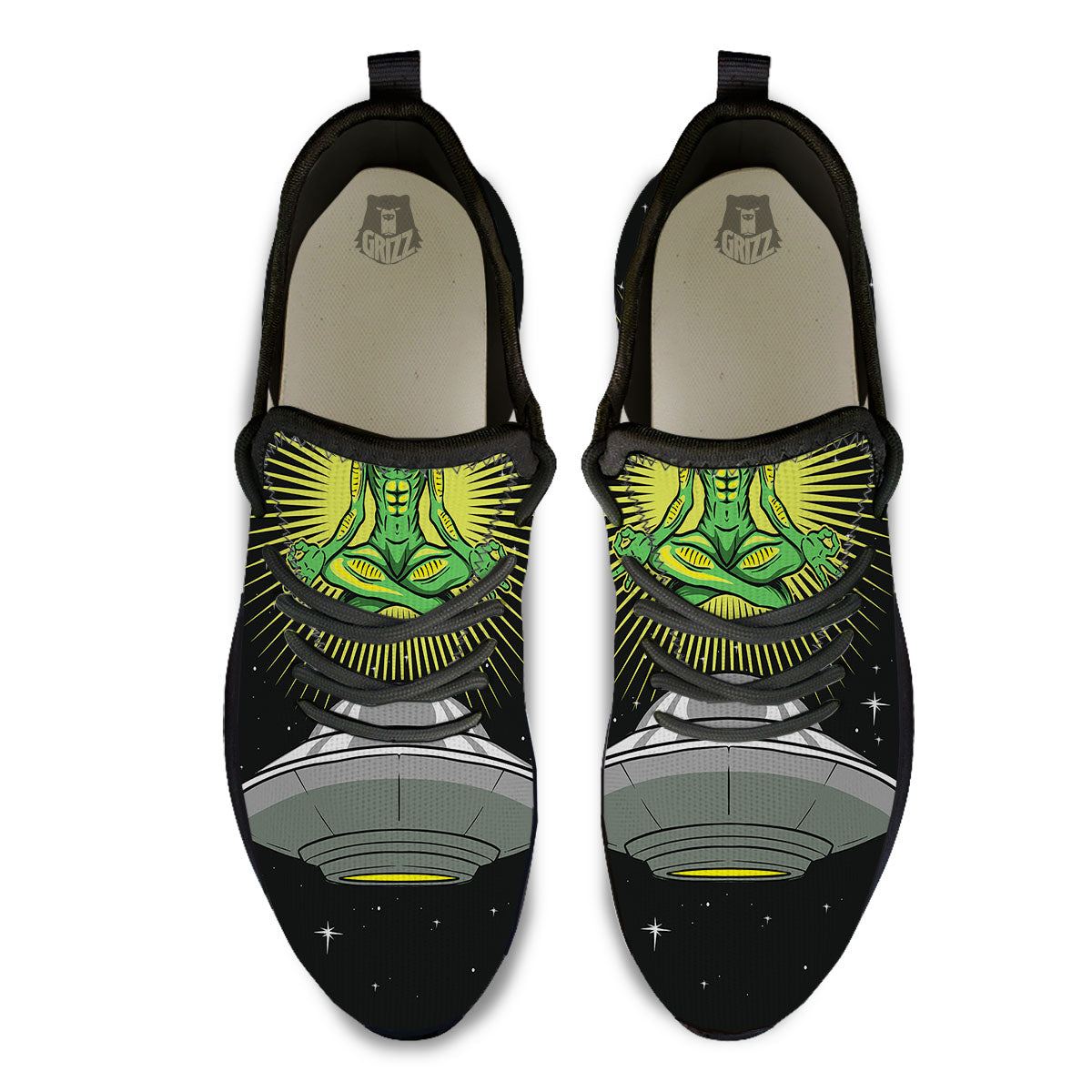 UFO Space Green Alien Print Black Athletic Shoes-grizzshop