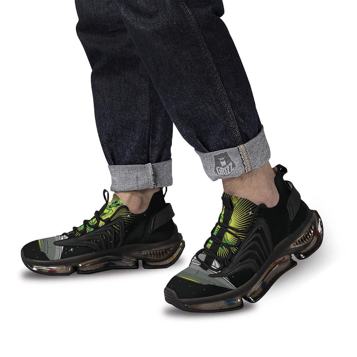 UFO Space Green Alien Print Black Gym Shoes-grizzshop