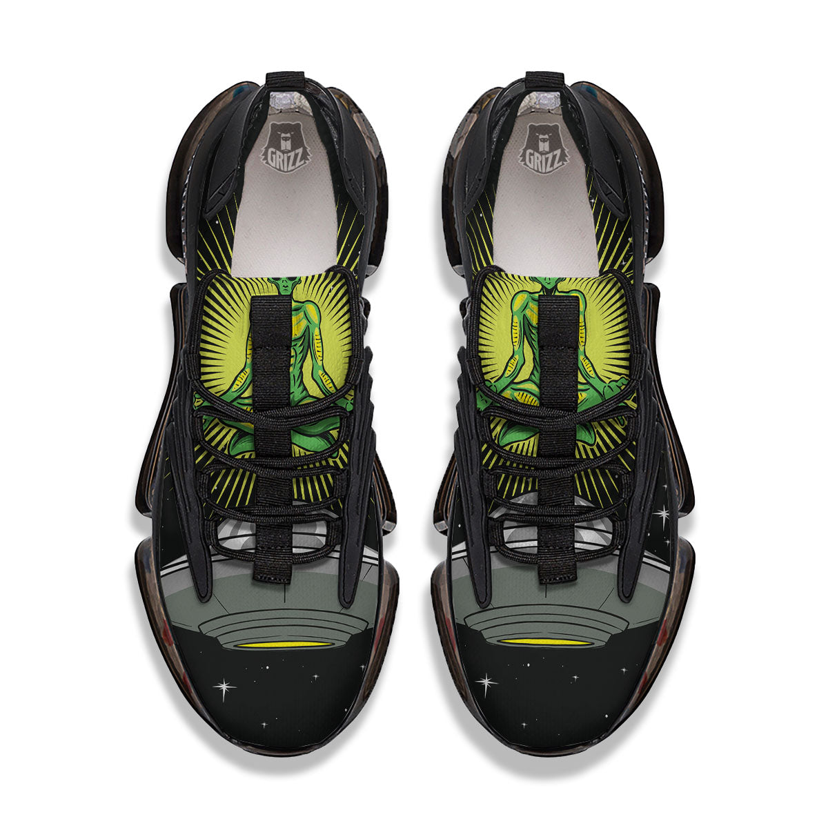 UFO Space Green Alien Print Black Gym Shoes-grizzshop