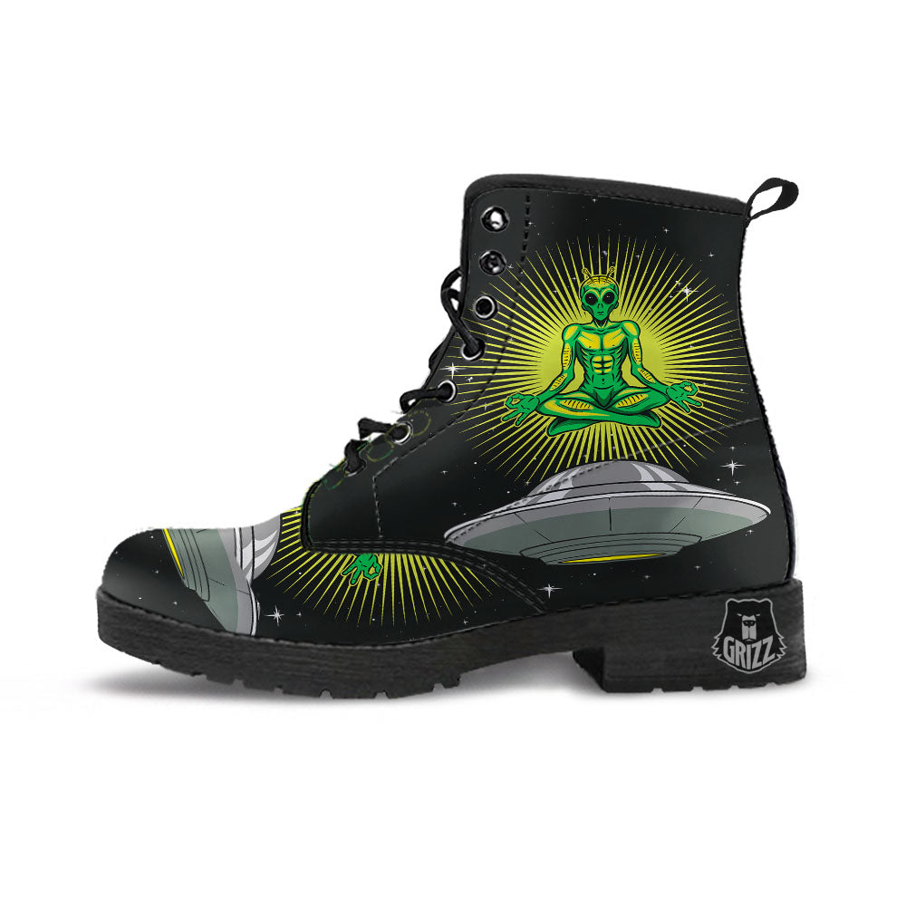 UFO Space Green Alien Print Leather Boots-grizzshop