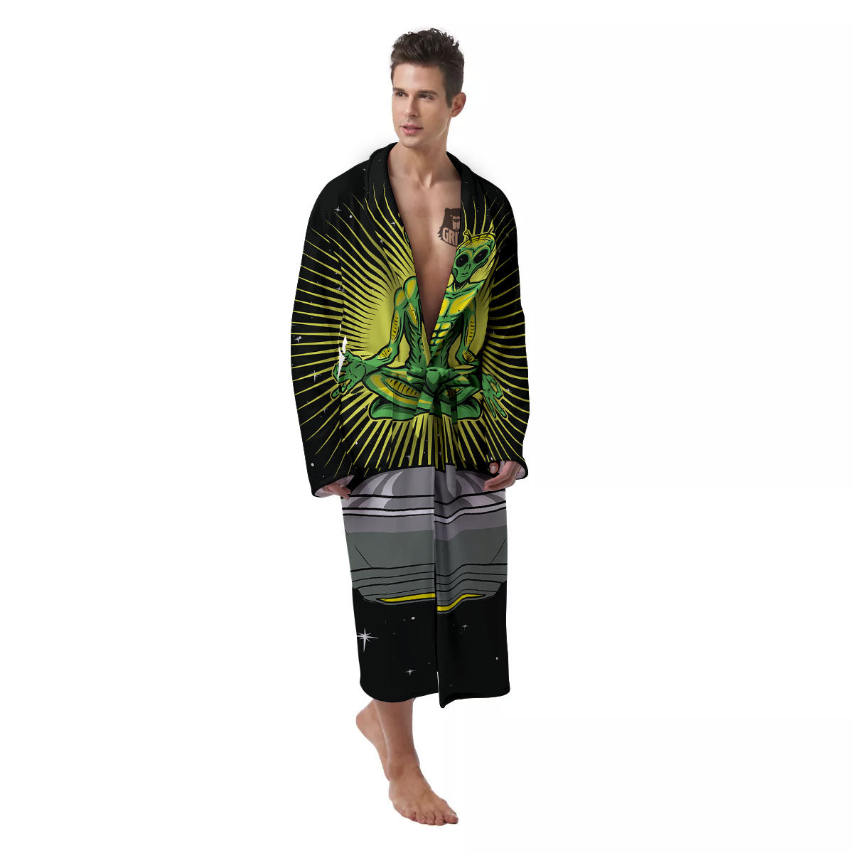 UFO Space Green Alien Print Men's Robe-grizzshop