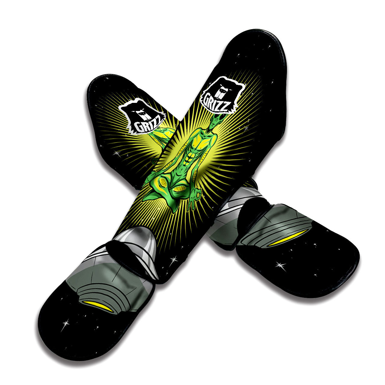 UFO Space Green Alien Print Muay Thai Shin Guards-grizzshop