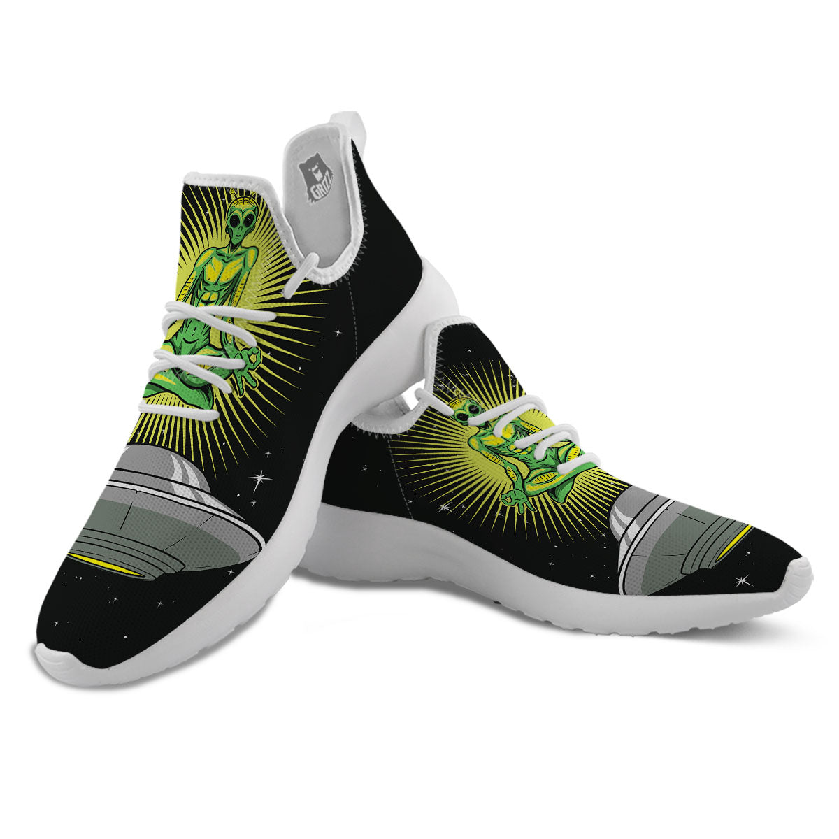 UFO Space Green Alien Print White Athletic Shoes-grizzshop