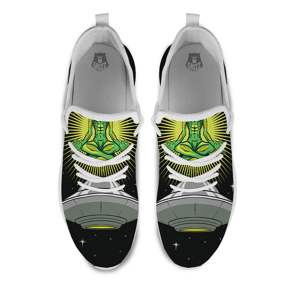 UFO Space Green Alien Print White Athletic Shoes-grizzshop