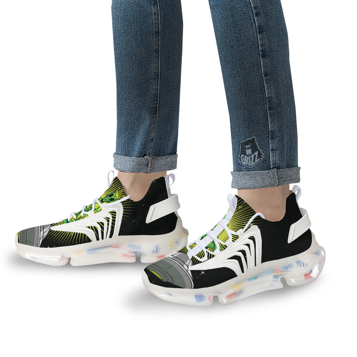 UFO Space Green Alien Print White Gym Shoes-grizzshop