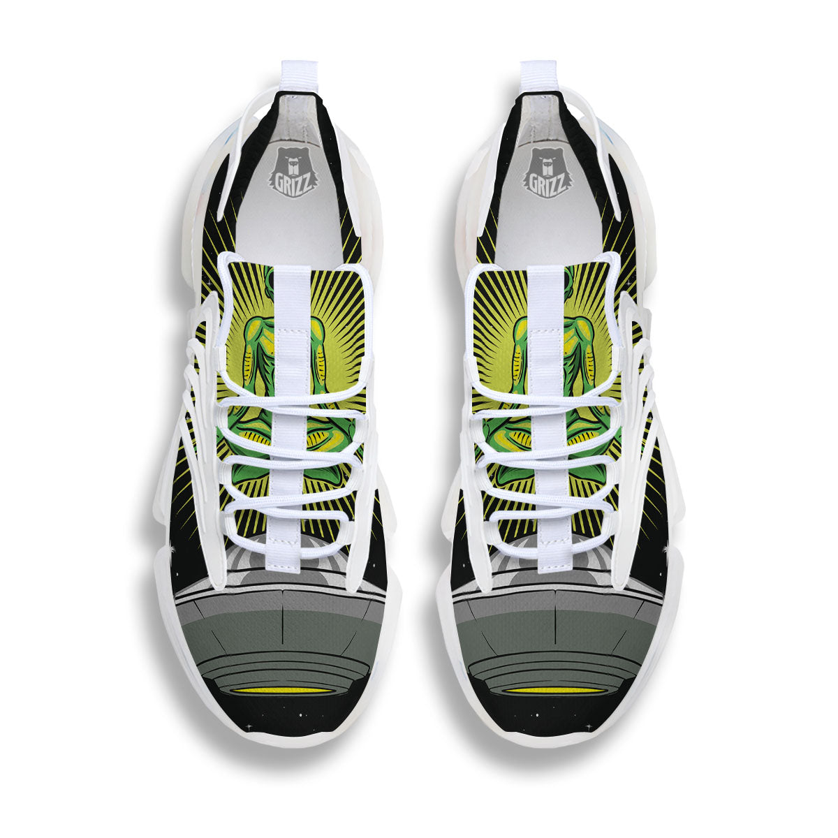 UFO Space Green Alien Print White Gym Shoes-grizzshop