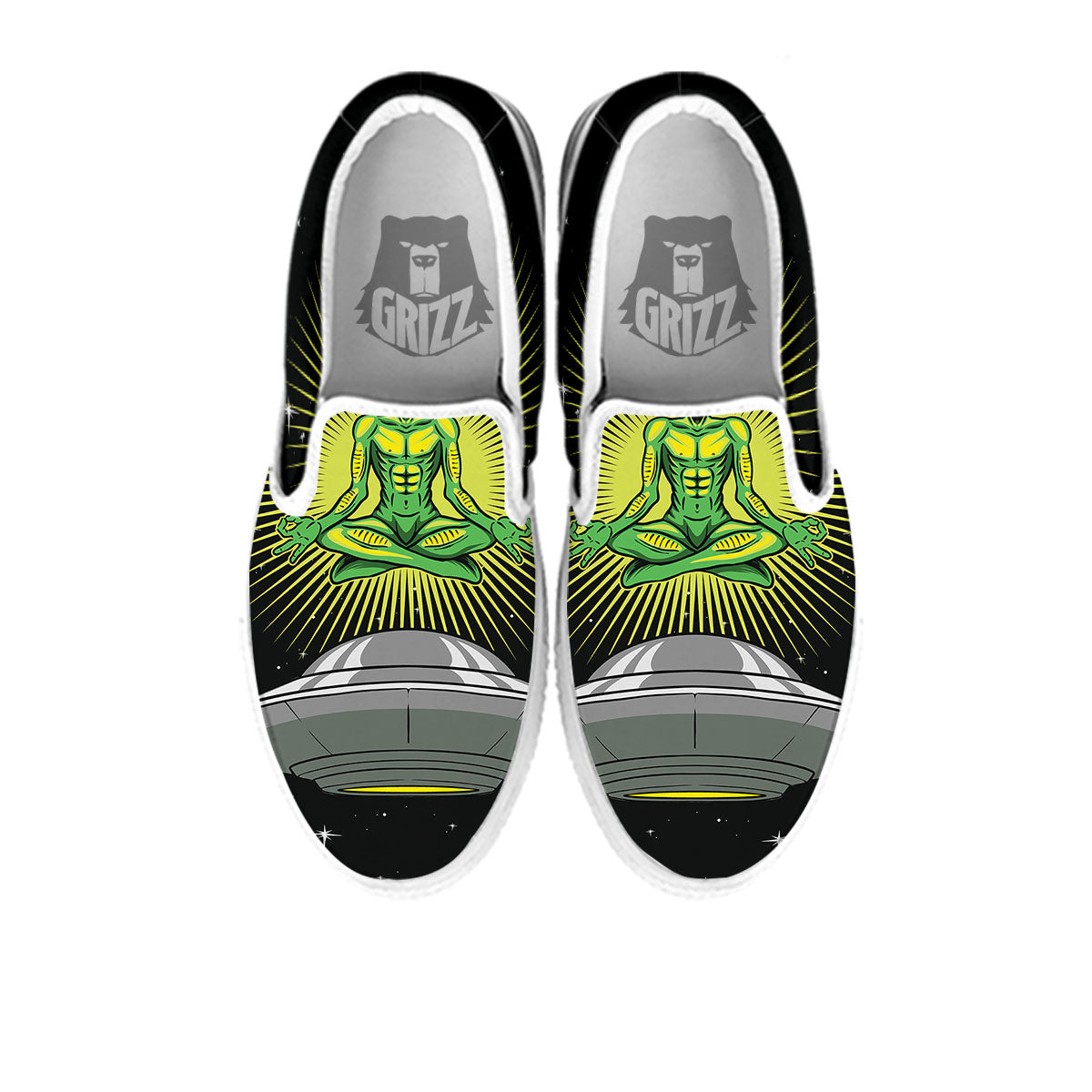 UFO Space Green Alien Print White Slip On Shoes-grizzshop