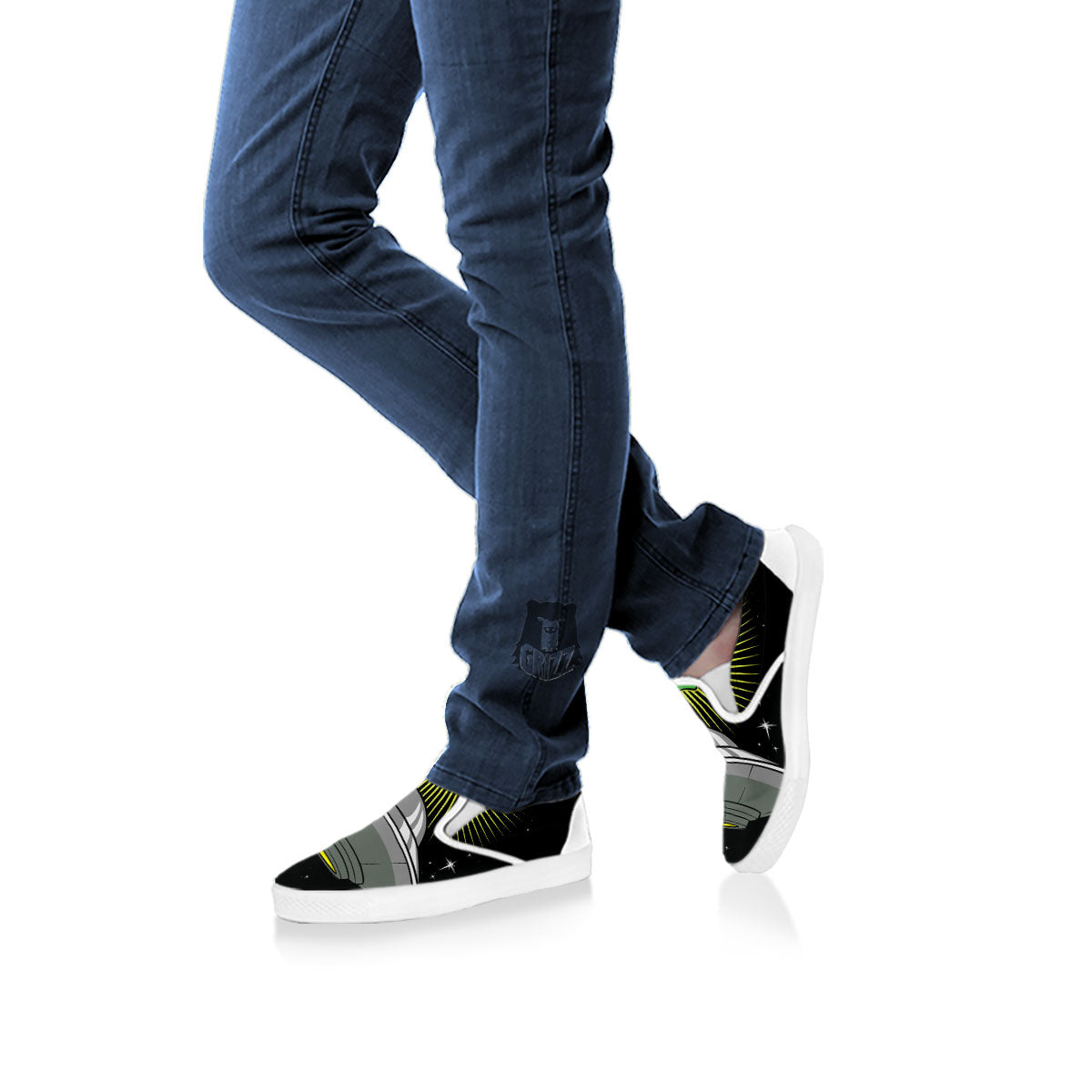 UFO Space Green Alien Print White Slip On Shoes-grizzshop