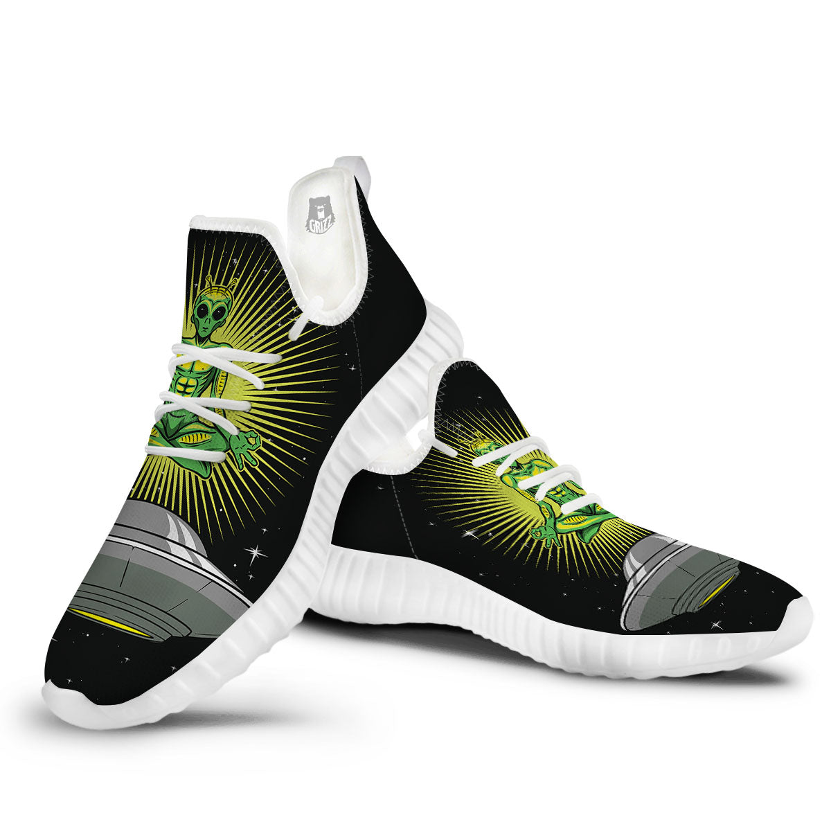 UFO Space Green Alien Print White Walking Shoes-grizzshop