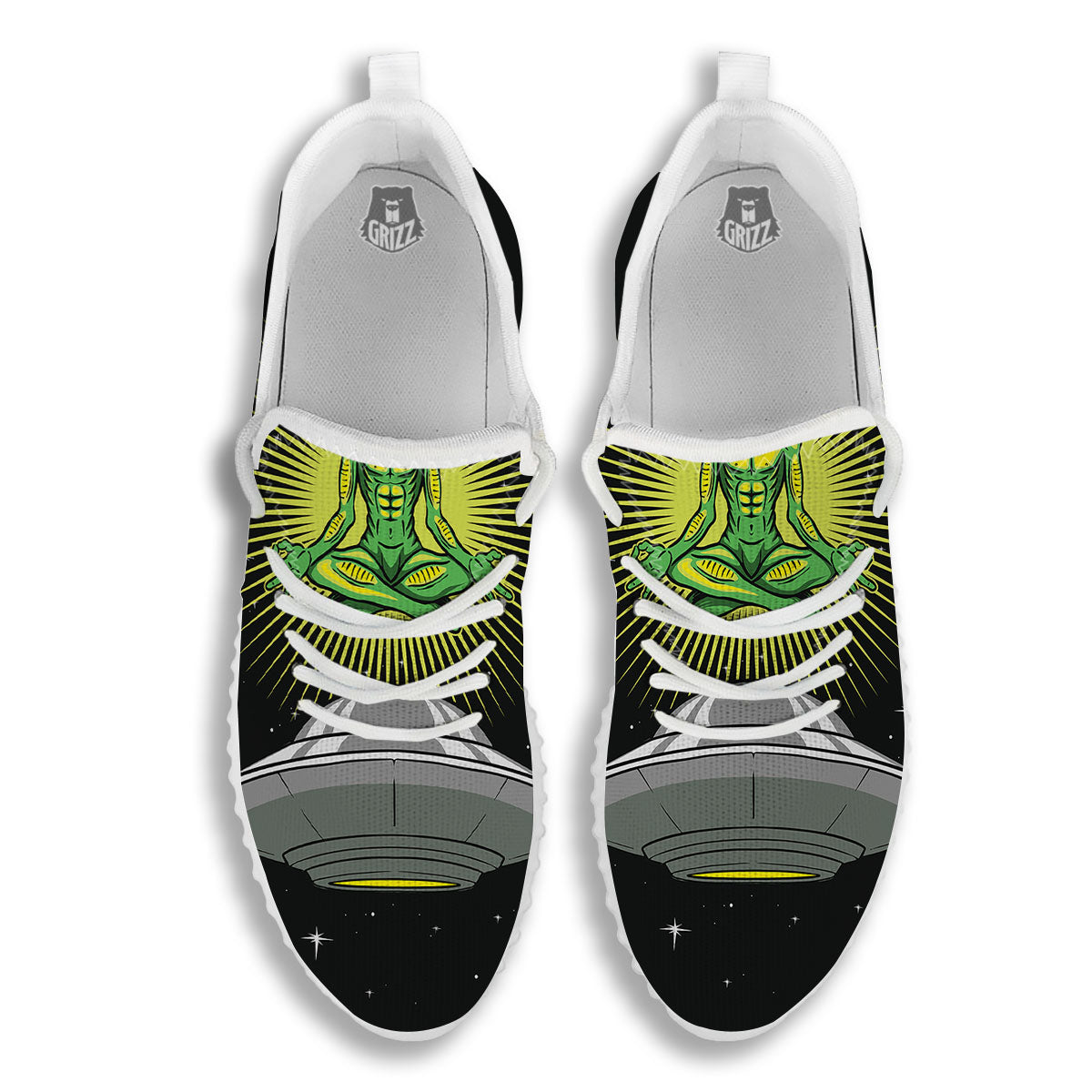 UFO Space Green Alien Print White Walking Shoes-grizzshop