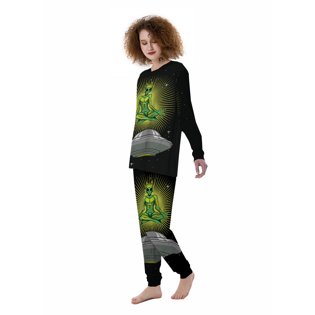 UFO Space Green Alien Print Women's Pajamas-grizzshop