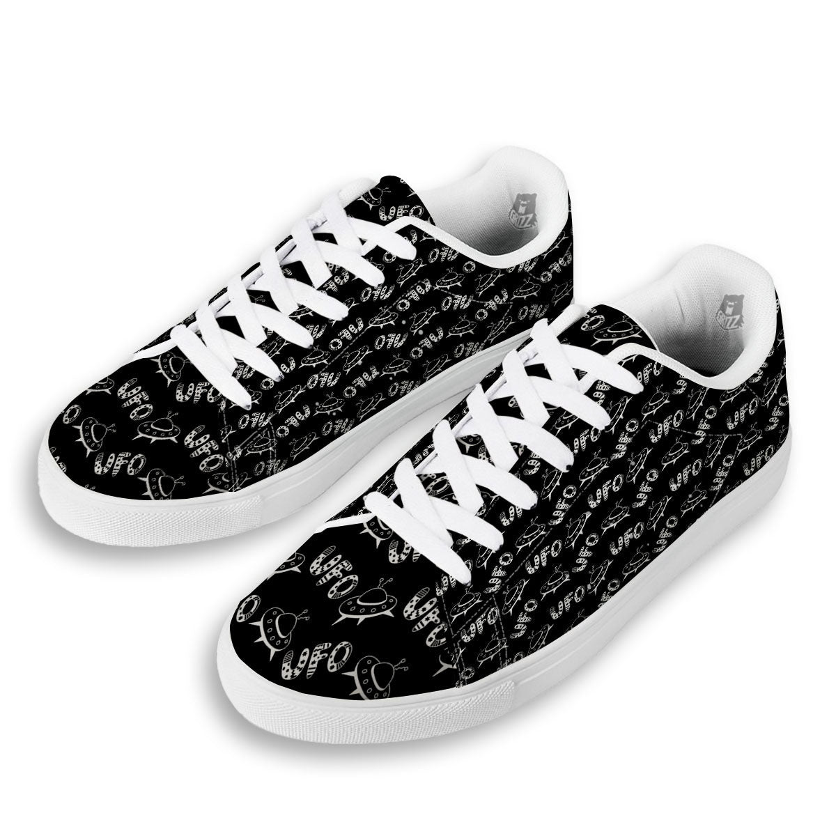 UFO White And Black Print Pattern White Low Top Sneakers-grizzshop