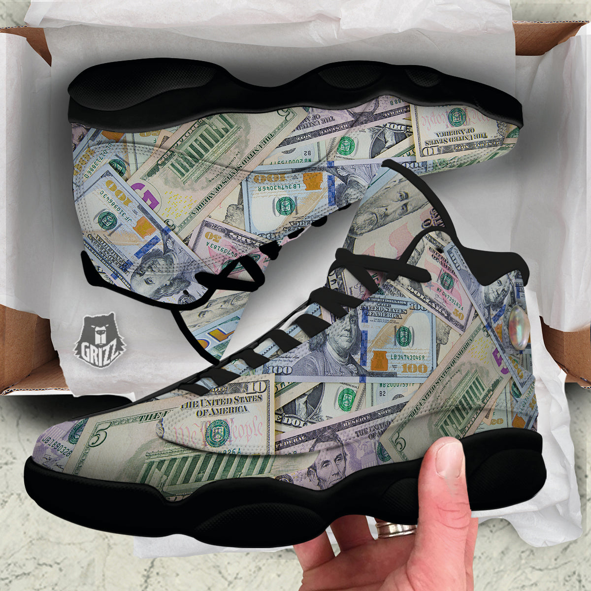 US Dollar Print Black Basketball Shoes-grizzshop