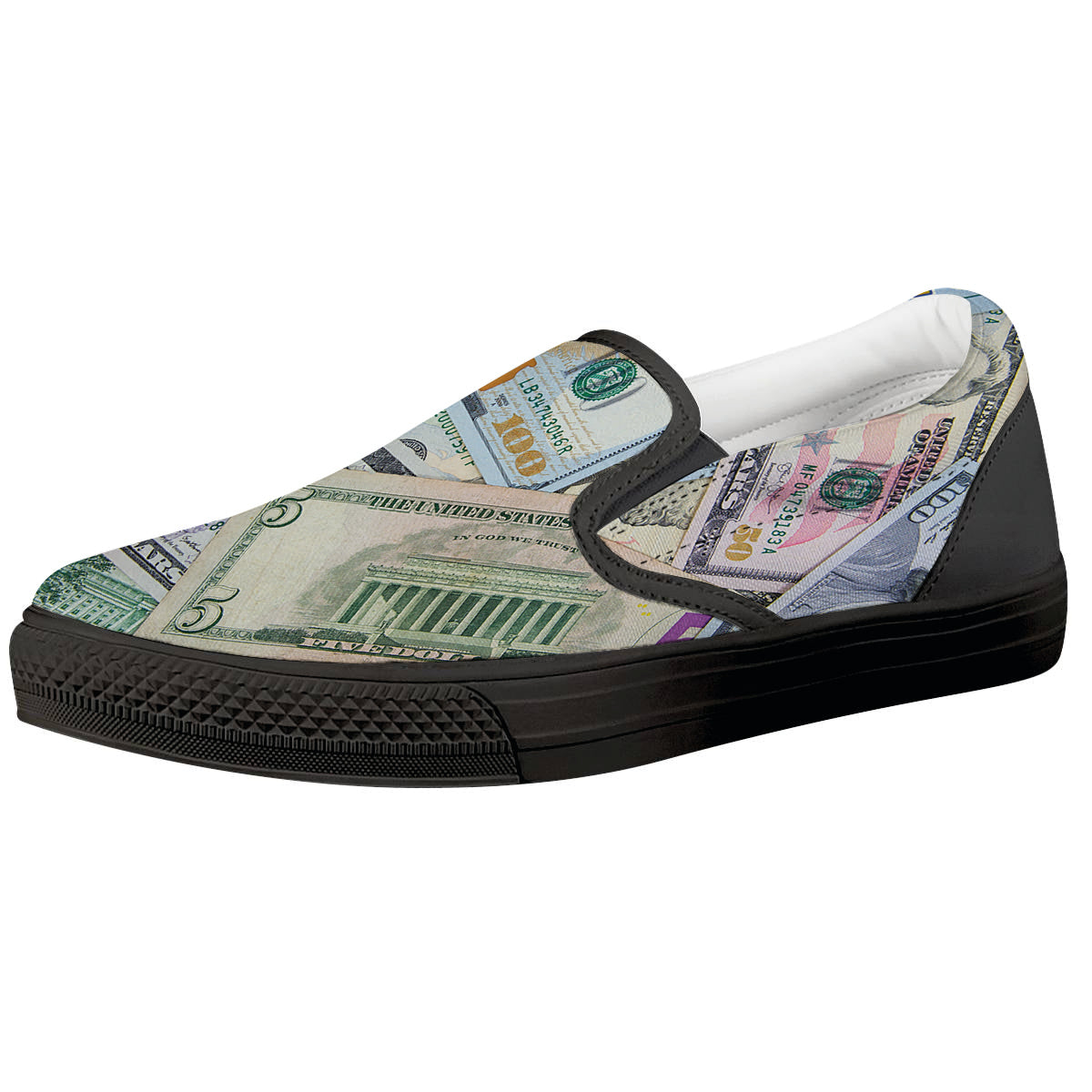 US Dollar Print Black Slip On Shoes-grizzshop