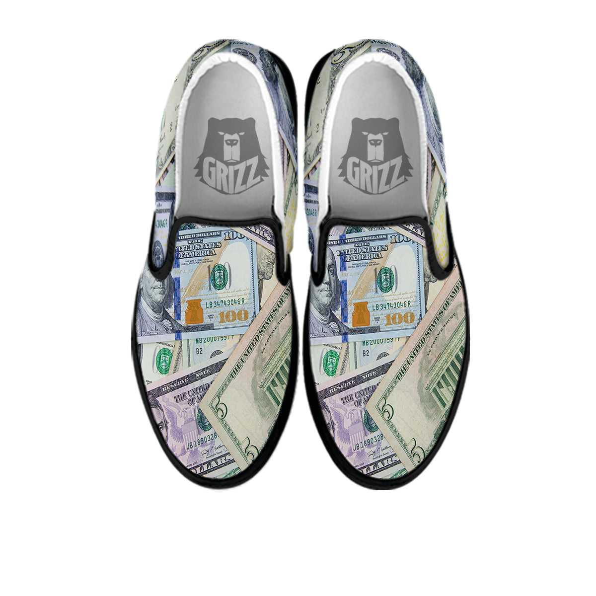 US Dollar Print Black Slip On Shoes-grizzshop
