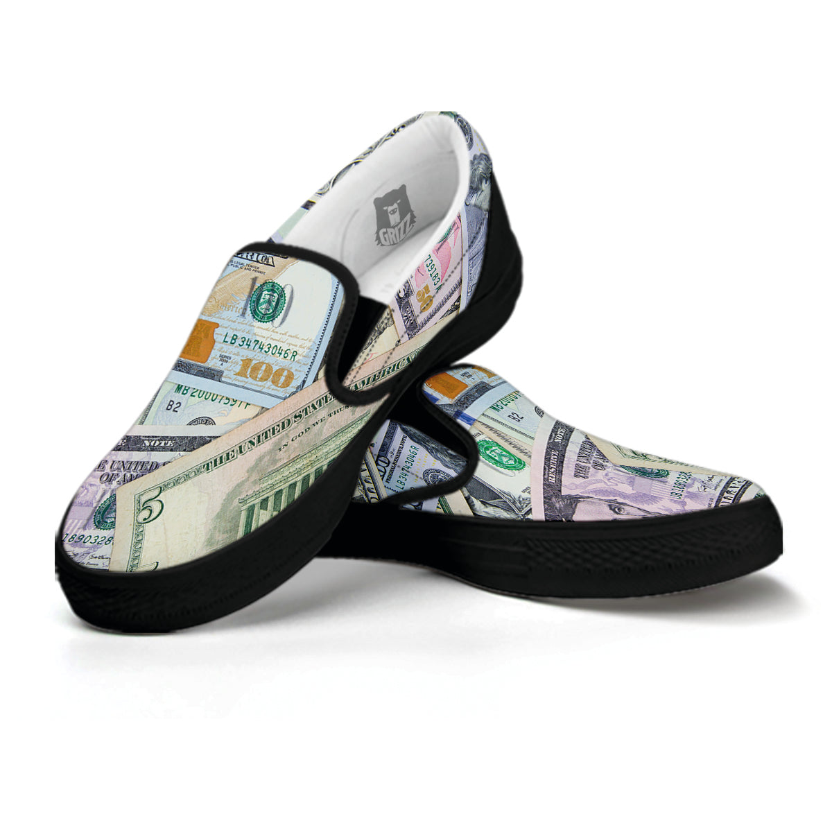 US Dollar Print Black Slip On Shoes-grizzshop