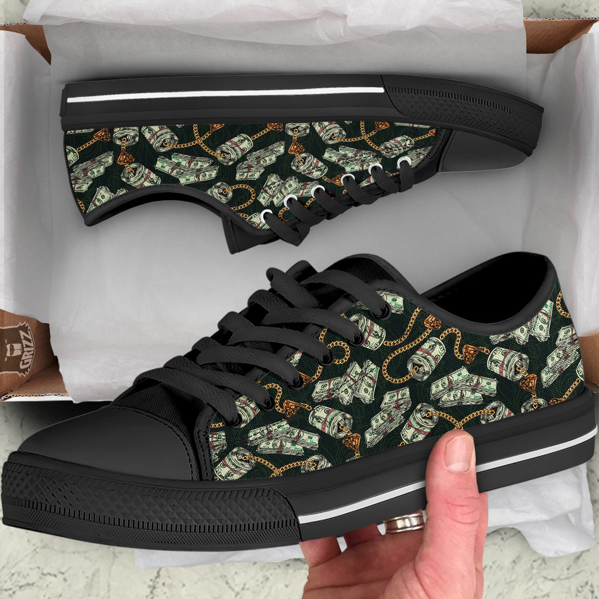 US Dollar Print Pattern Black Low Top Shoes-grizzshop