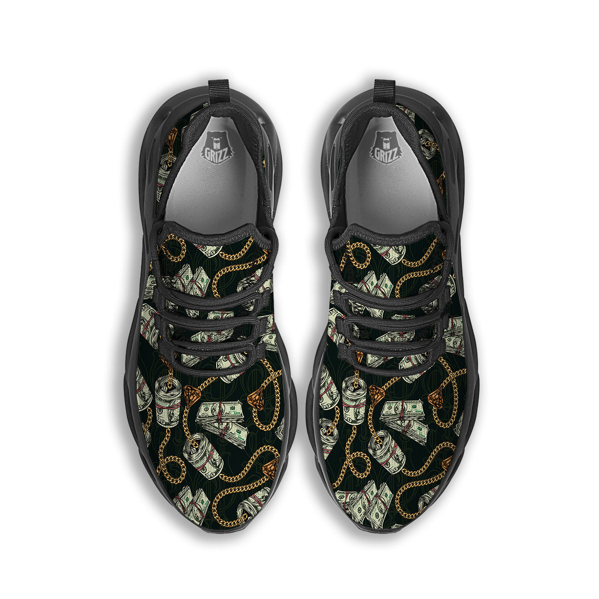 US Dollar Print Pattern Black Running Shoes-grizzshop