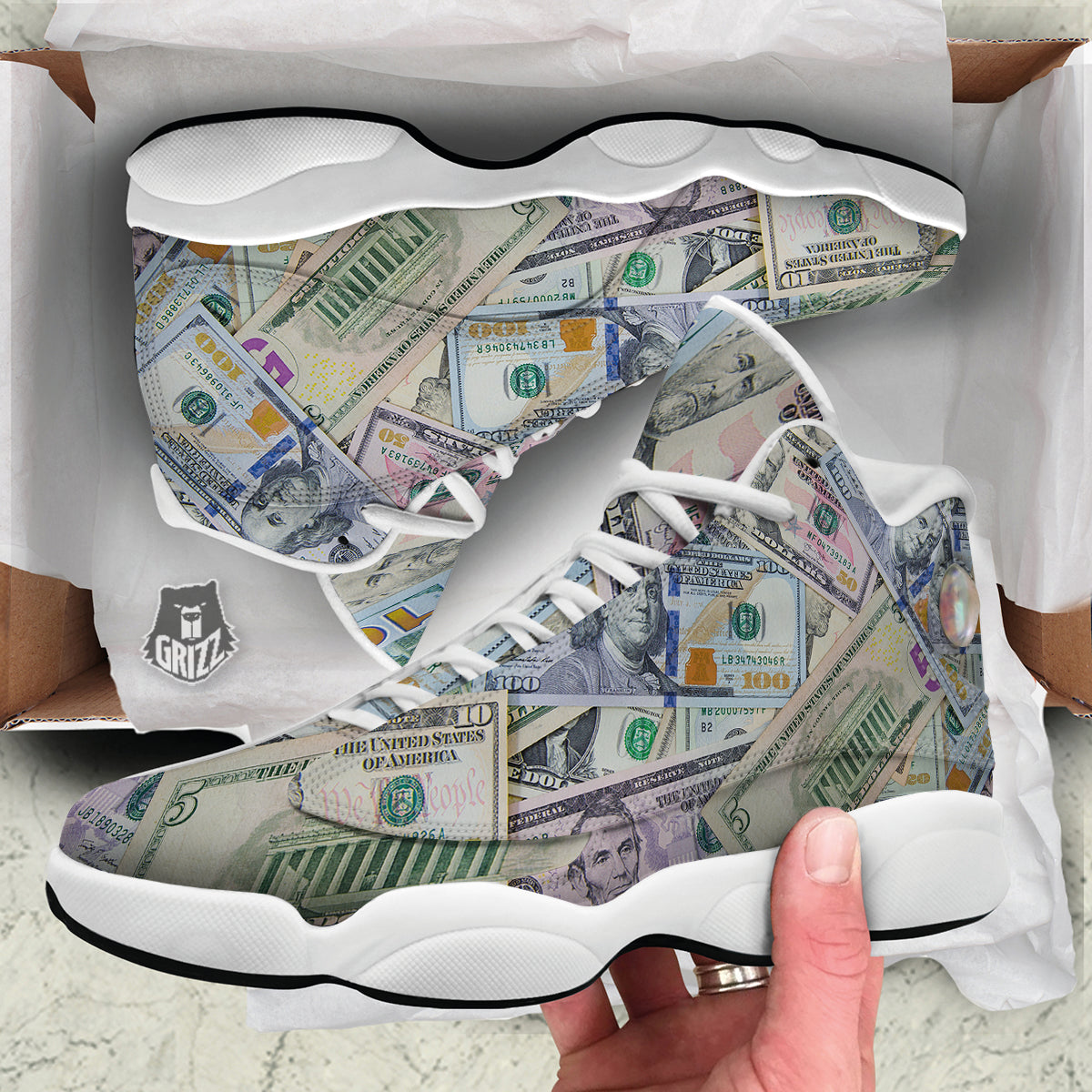 US Dollar Print White Basketball Shoes-grizzshop