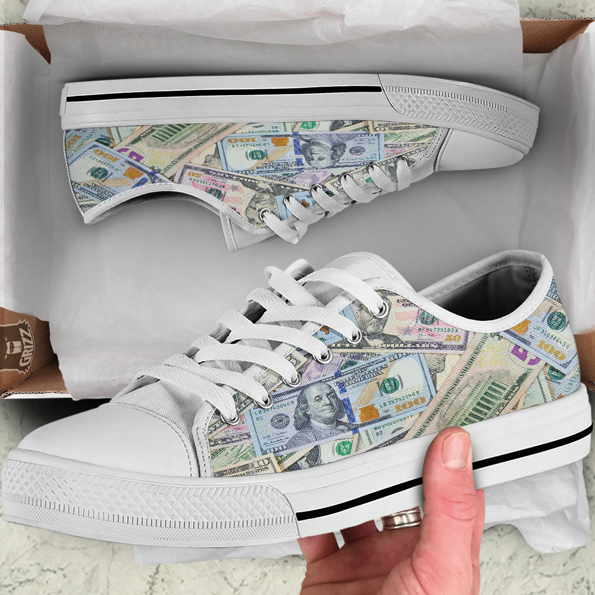 US Dollar Print White Low Top Shoes-grizzshop