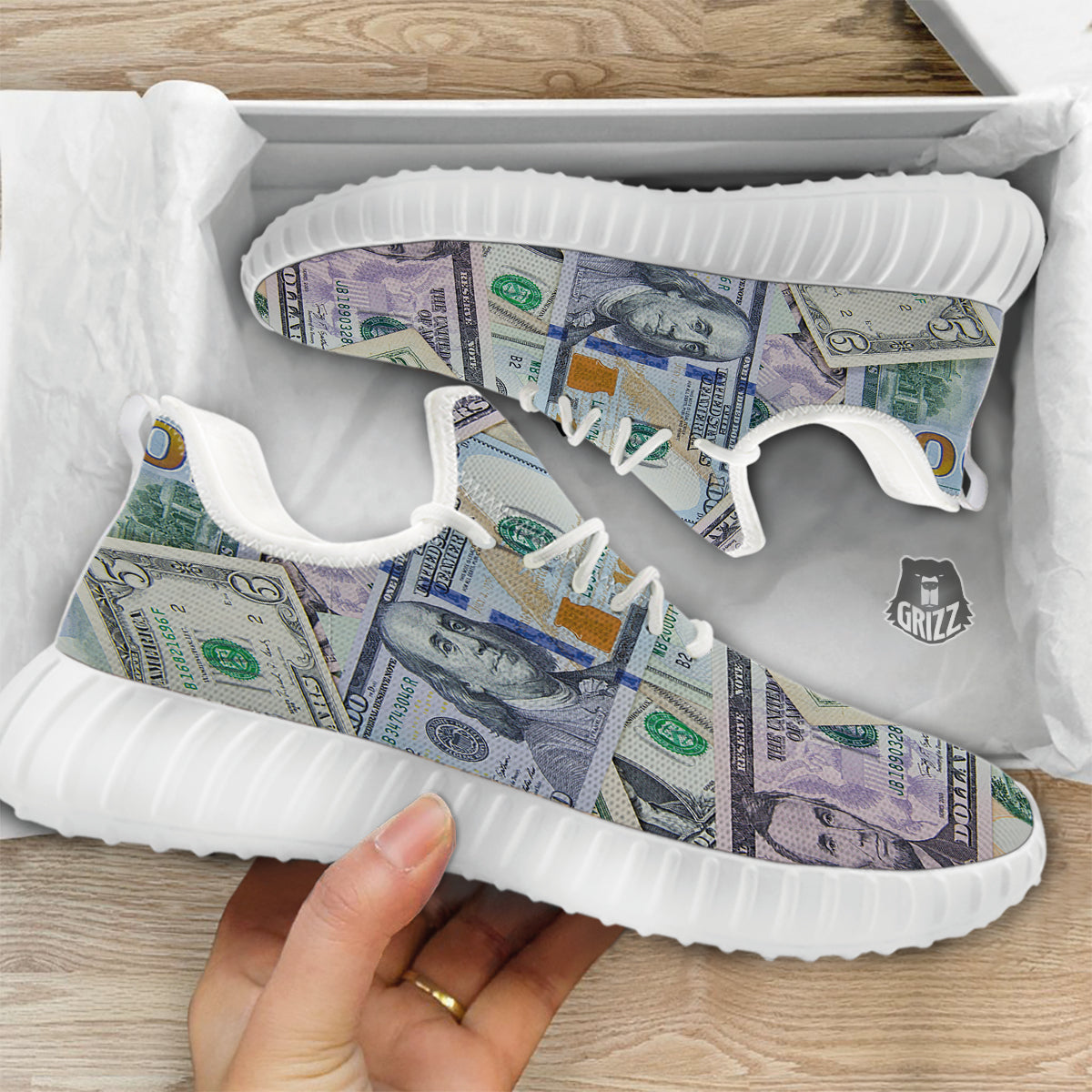 US Dollar Print White Walking Shoes-grizzshop