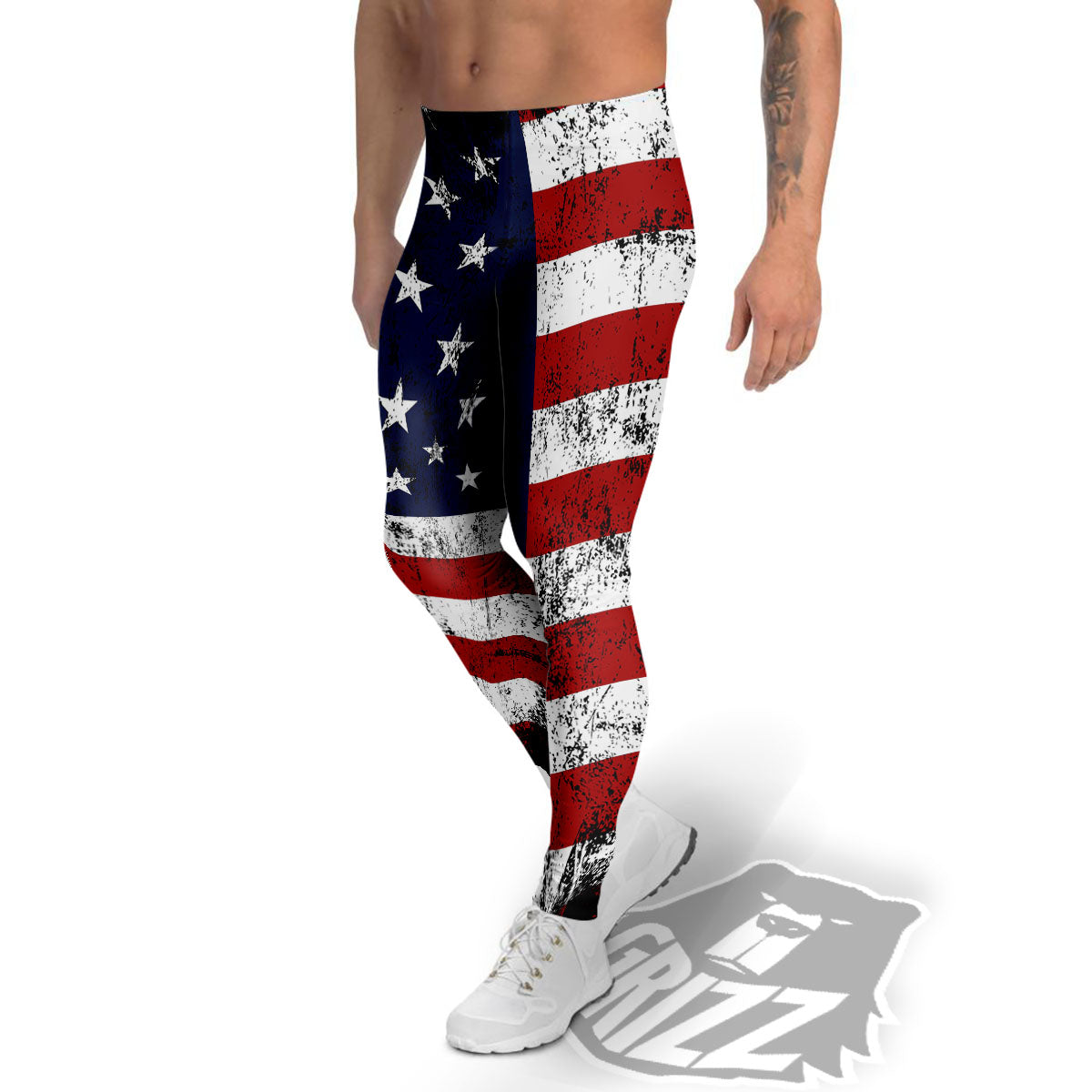 USA Flag Grunge Print Men's Leggings-grizzshop