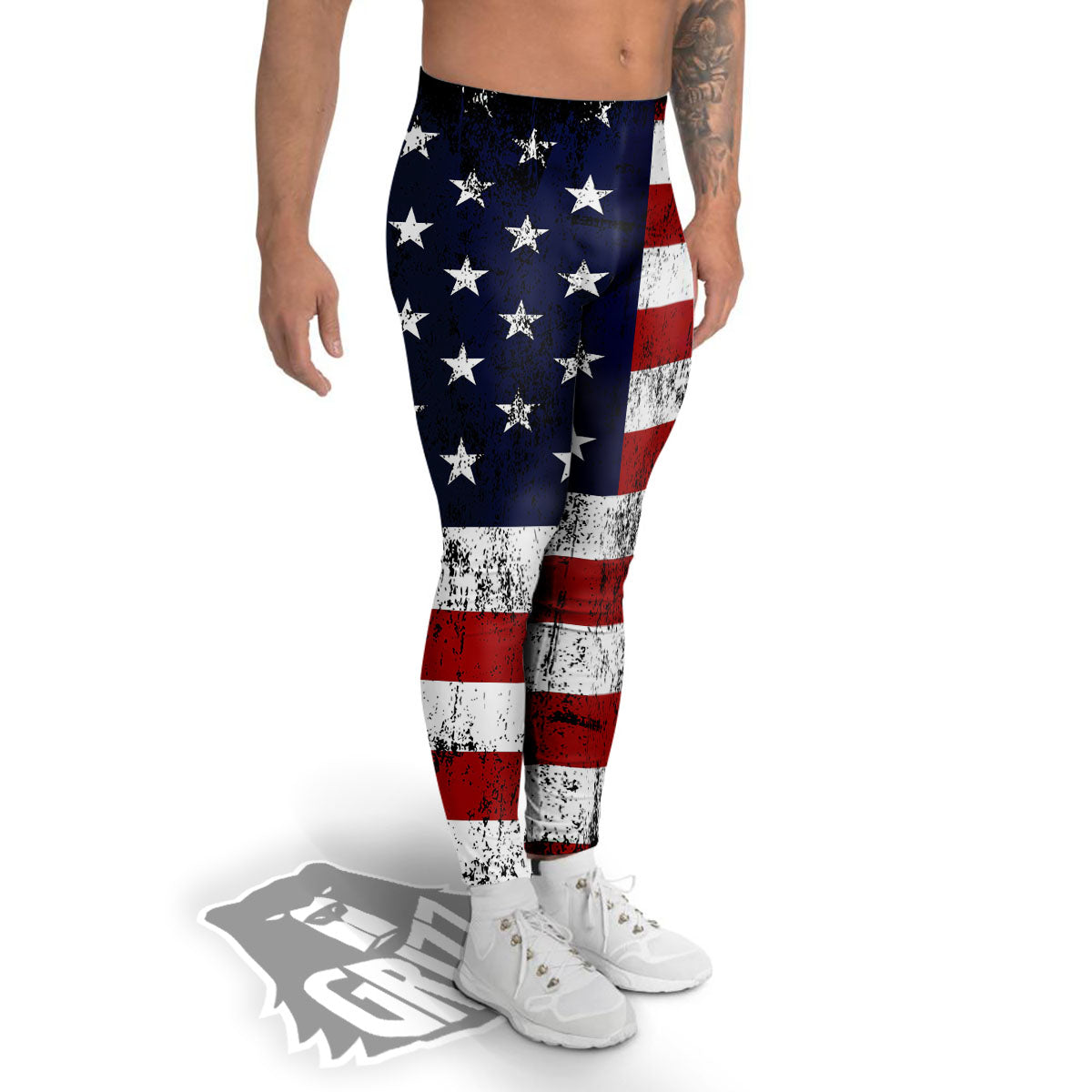 USA Flag Grunge Print Men's Leggings-grizzshop