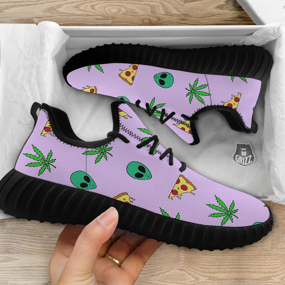 Ufo Pizza Trippy Print Pattern Black Walking Shoes-grizzshop