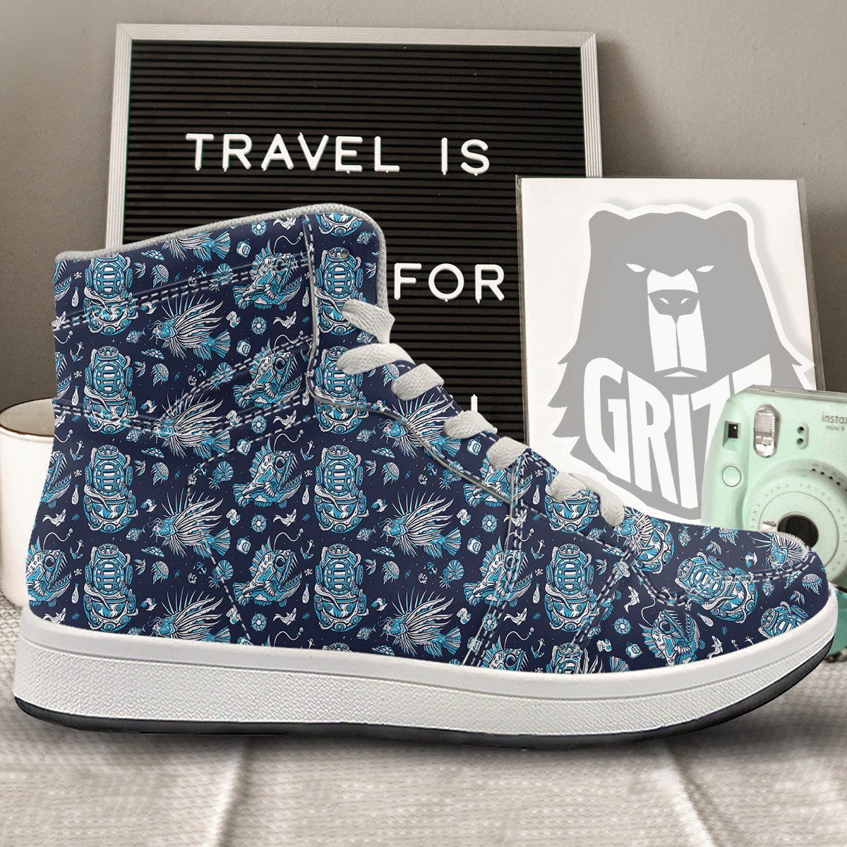 Underwater Blue Tattoo Print Pattern High Top Sneakers-grizzshop