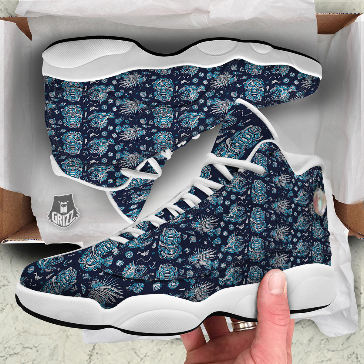 Underwater Blue Tattoo Print Pattern White Basketball Shoes-grizzshop