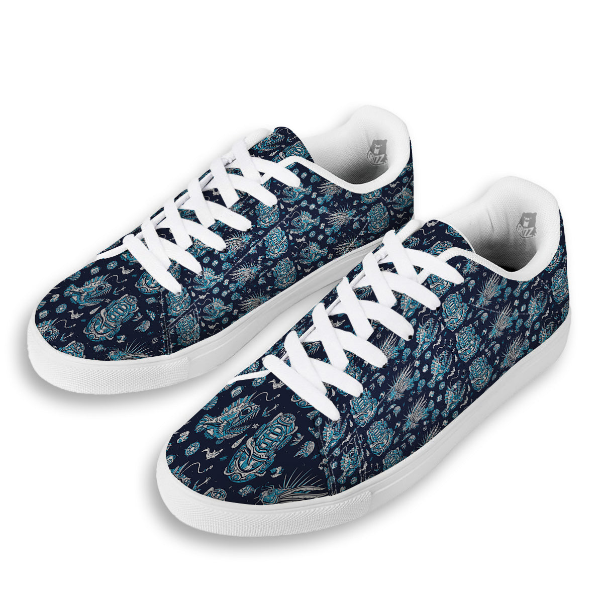 Underwater Blue Tattoo Print Pattern White Low Top Sneakers-grizzshop