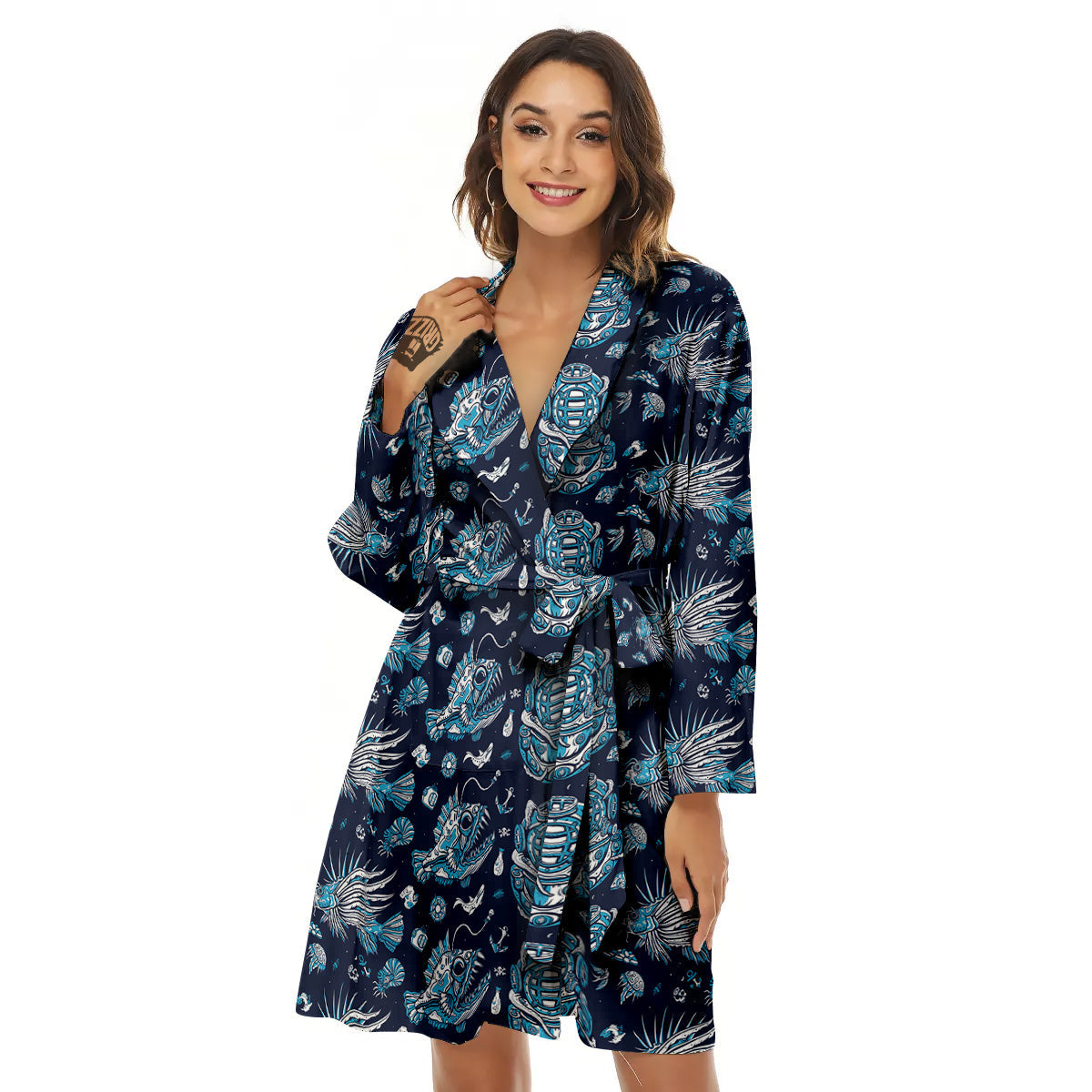 Underwater Blue Tattoo Print Pattern Women's Robe-grizzshop