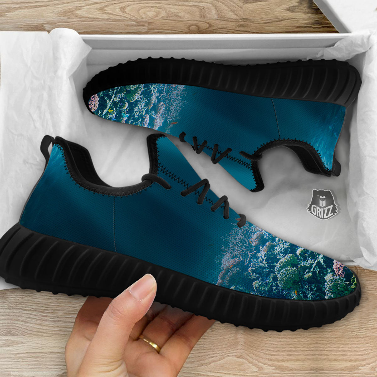 Underwater Ocean Print Black Walking Shoes-grizzshop