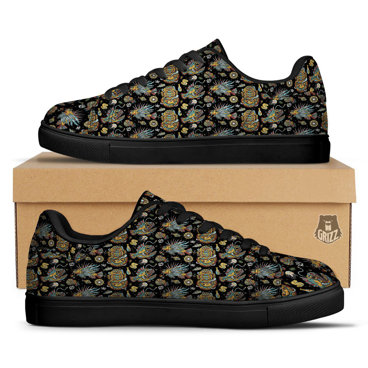 Underwater World Colorful Print Pattern Black Low Top Sneakers-grizzshop
