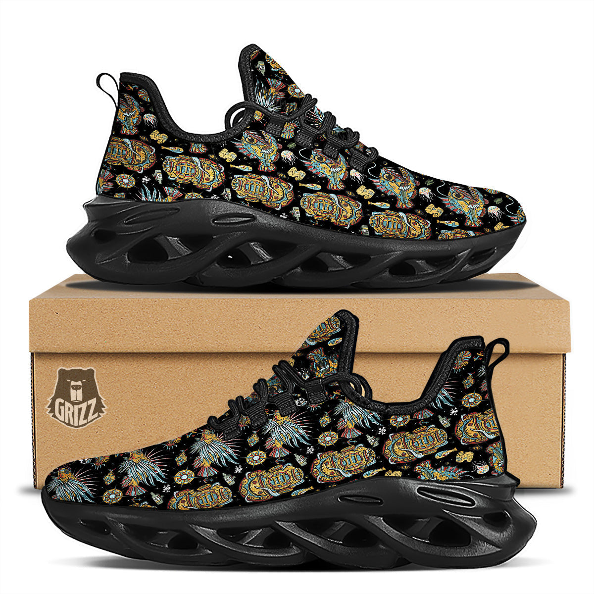 Underwater World Colorful Print Pattern Black Running Shoes-grizzshop