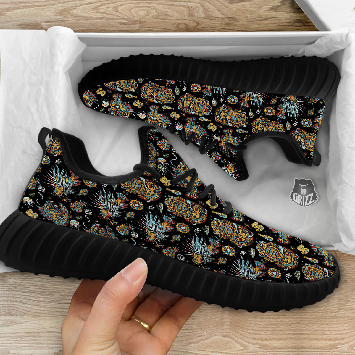 Underwater World Colorful Print Pattern Black Walking Shoes-grizzshop