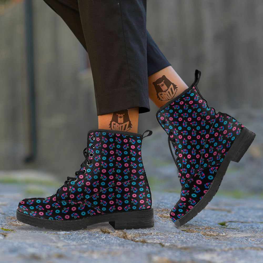Unicorn Black Girly Print Pattern Leather Boots-grizzshop