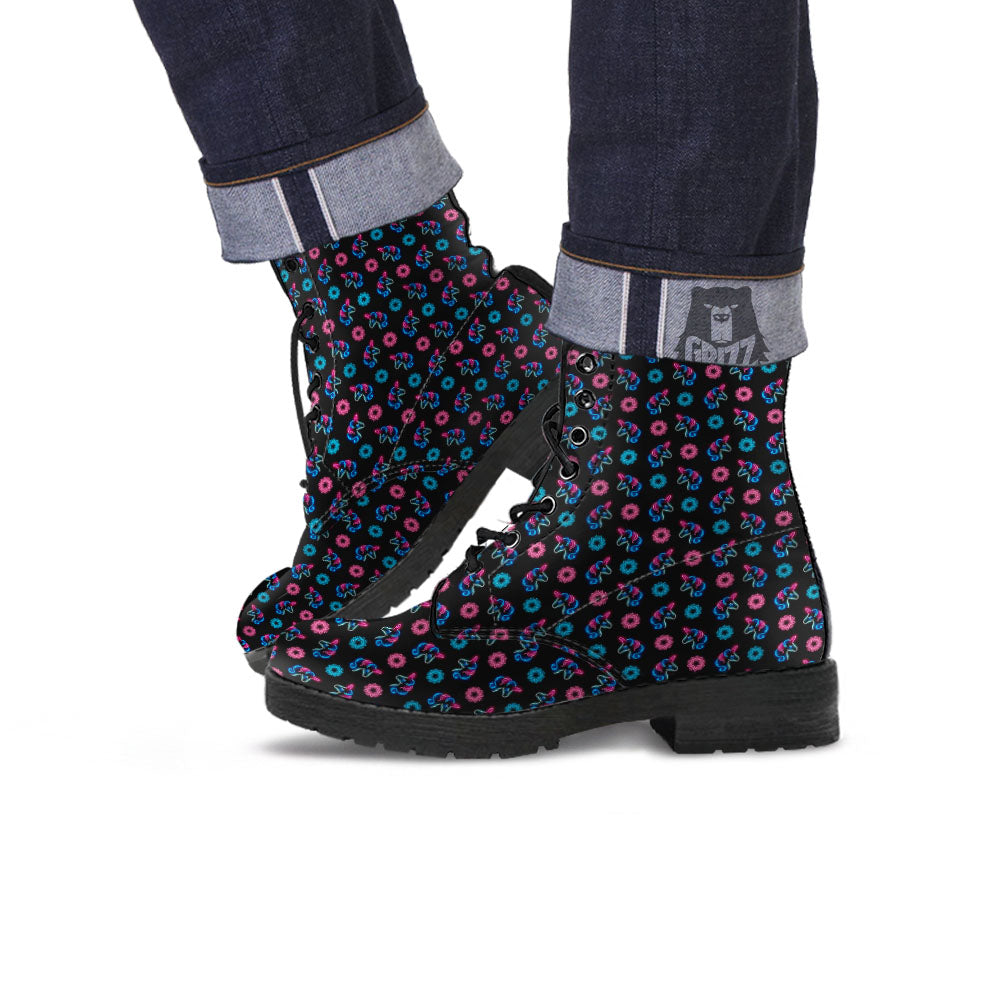 Unicorn Black Girly Print Pattern Leather Boots-grizzshop