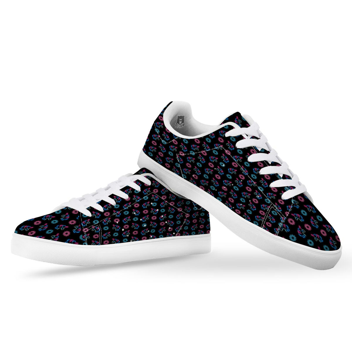 Unicorn Black Girly Print Pattern White Low Top Sneakers-grizzshop