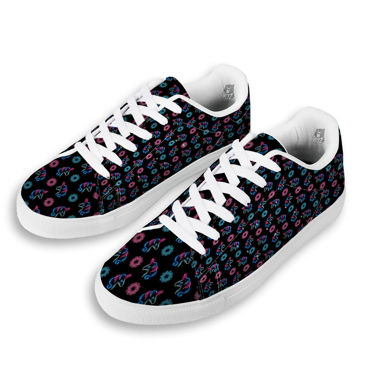 Unicorn Black Girly Print Pattern White Low Top Sneakers-grizzshop