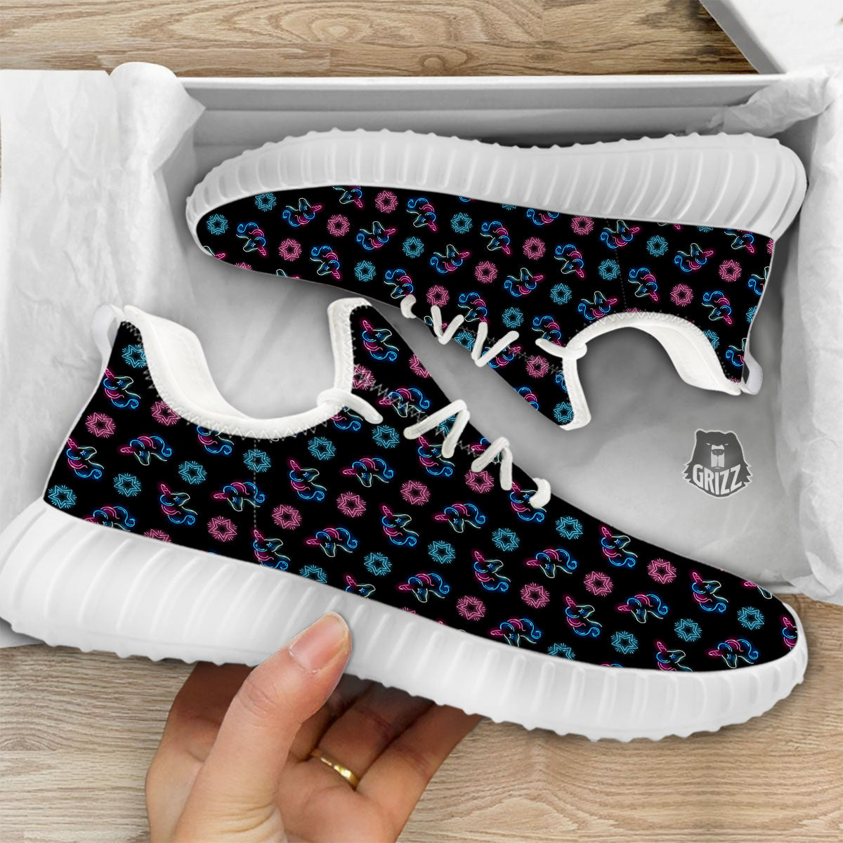 Unicorn Black Girly Print Pattern White Walking Shoes-grizzshop
