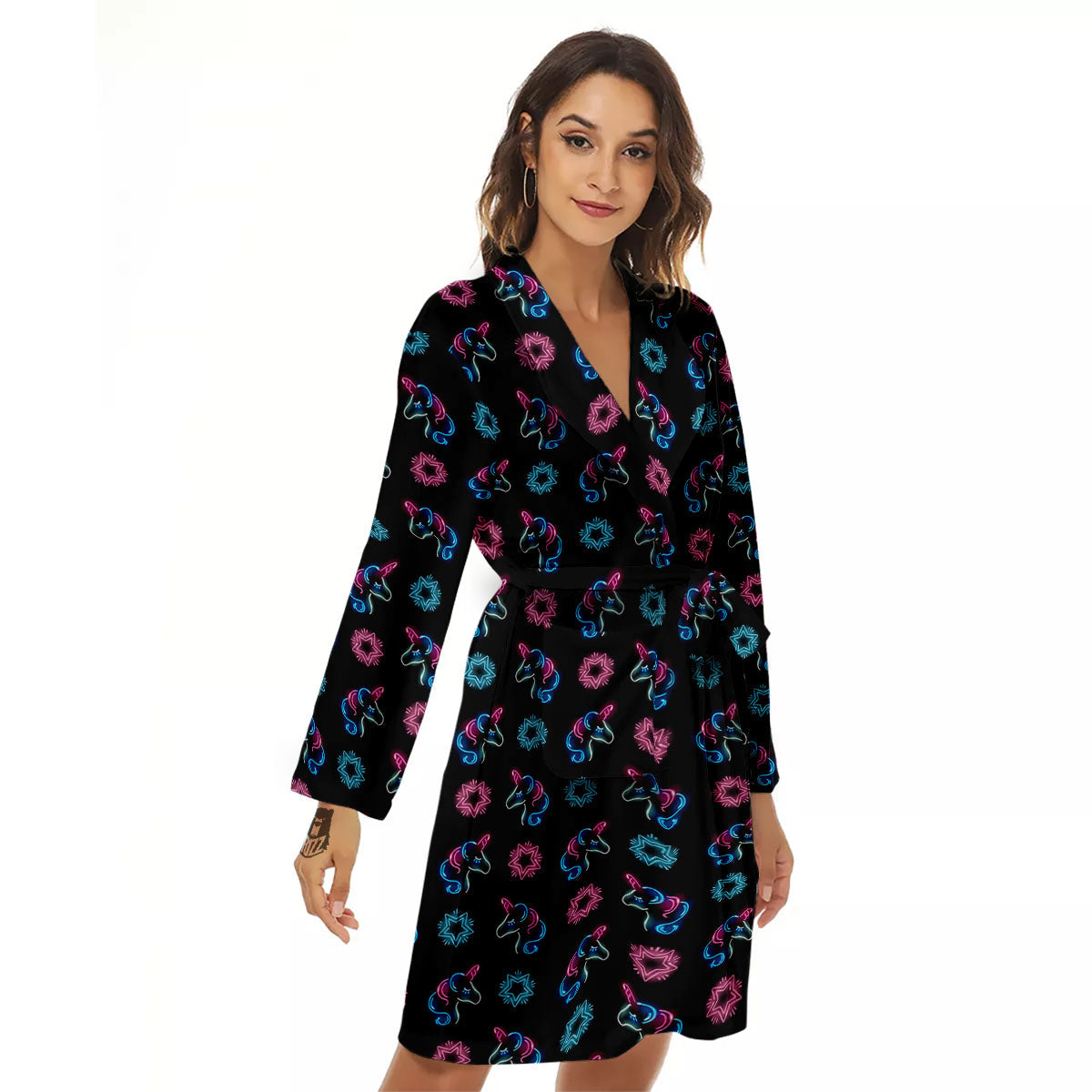 Unicorn Black Girly Print Pattern Women's Robe-grizzshop