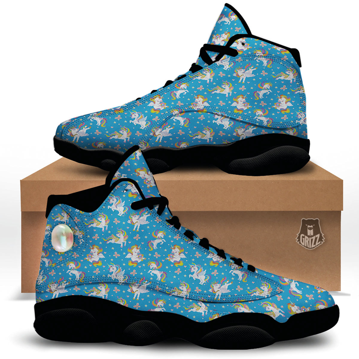 Unicorn Blue Rainbow Print Pattern Black Basketball Shoes-grizzshop
