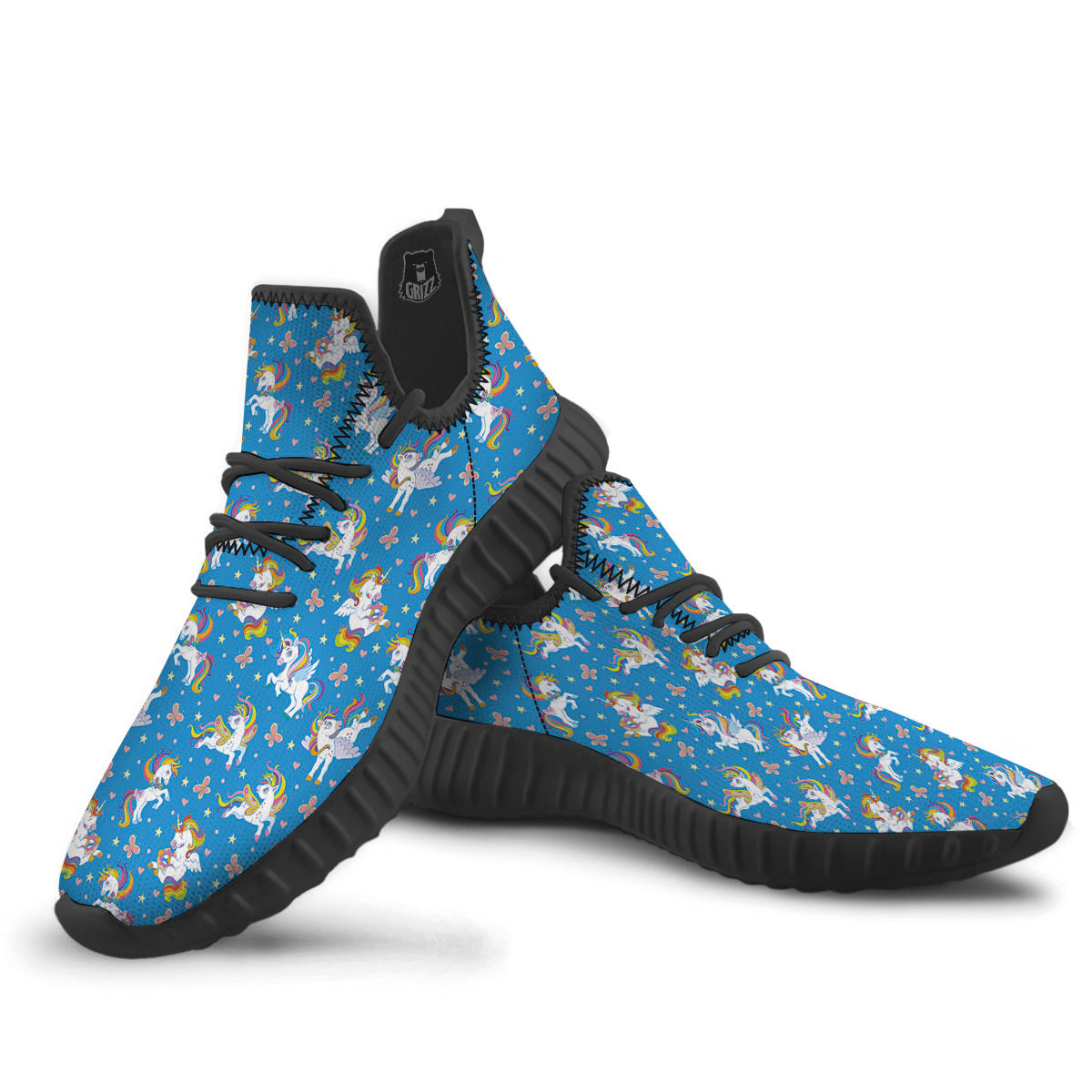 Unicorn Blue Rainbow Print Pattern Black Walking Shoes-grizzshop