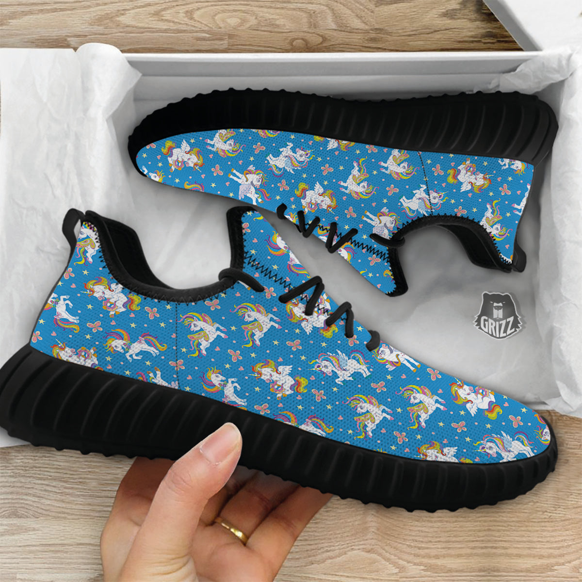Unicorn Blue Rainbow Print Pattern Black Walking Shoes-grizzshop