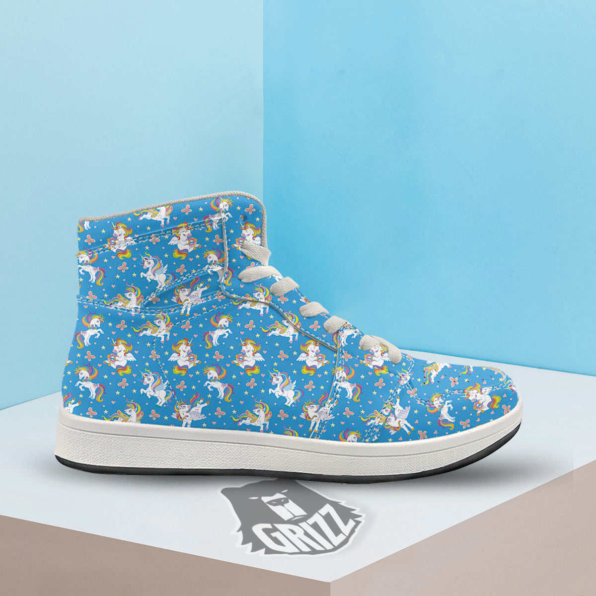 Unicorn Blue Rainbow Print Pattern High Top Sneakers-grizzshop
