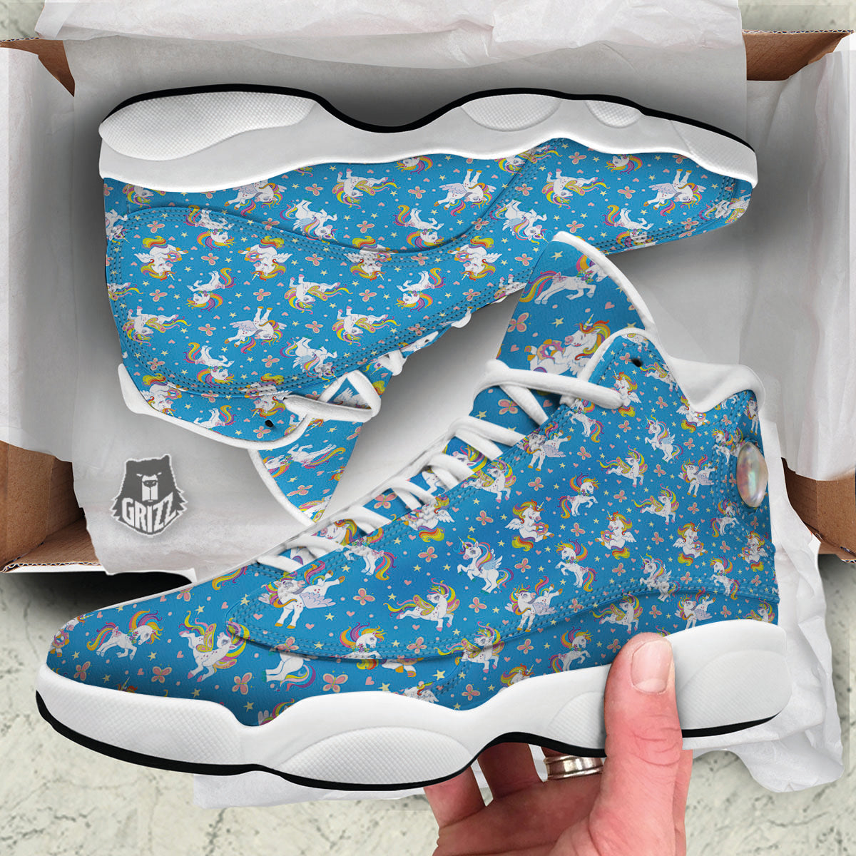 Unicorn Blue Rainbow Print Pattern White Basketball Shoes-grizzshop
