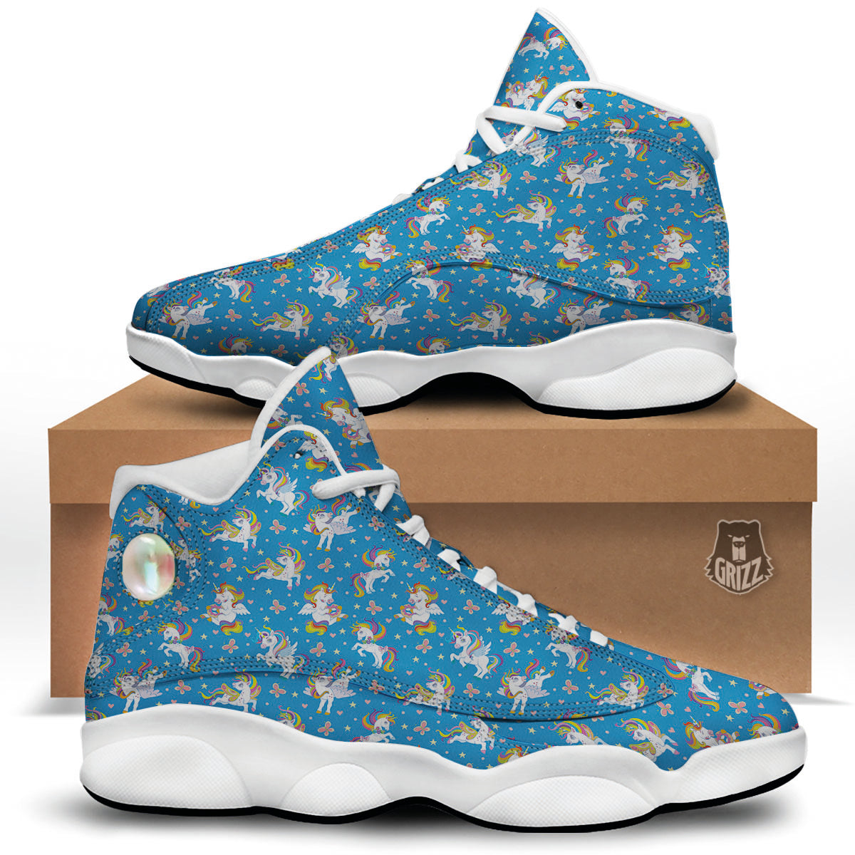 Unicorn Blue Rainbow Print Pattern White Basketball Shoes-grizzshop
