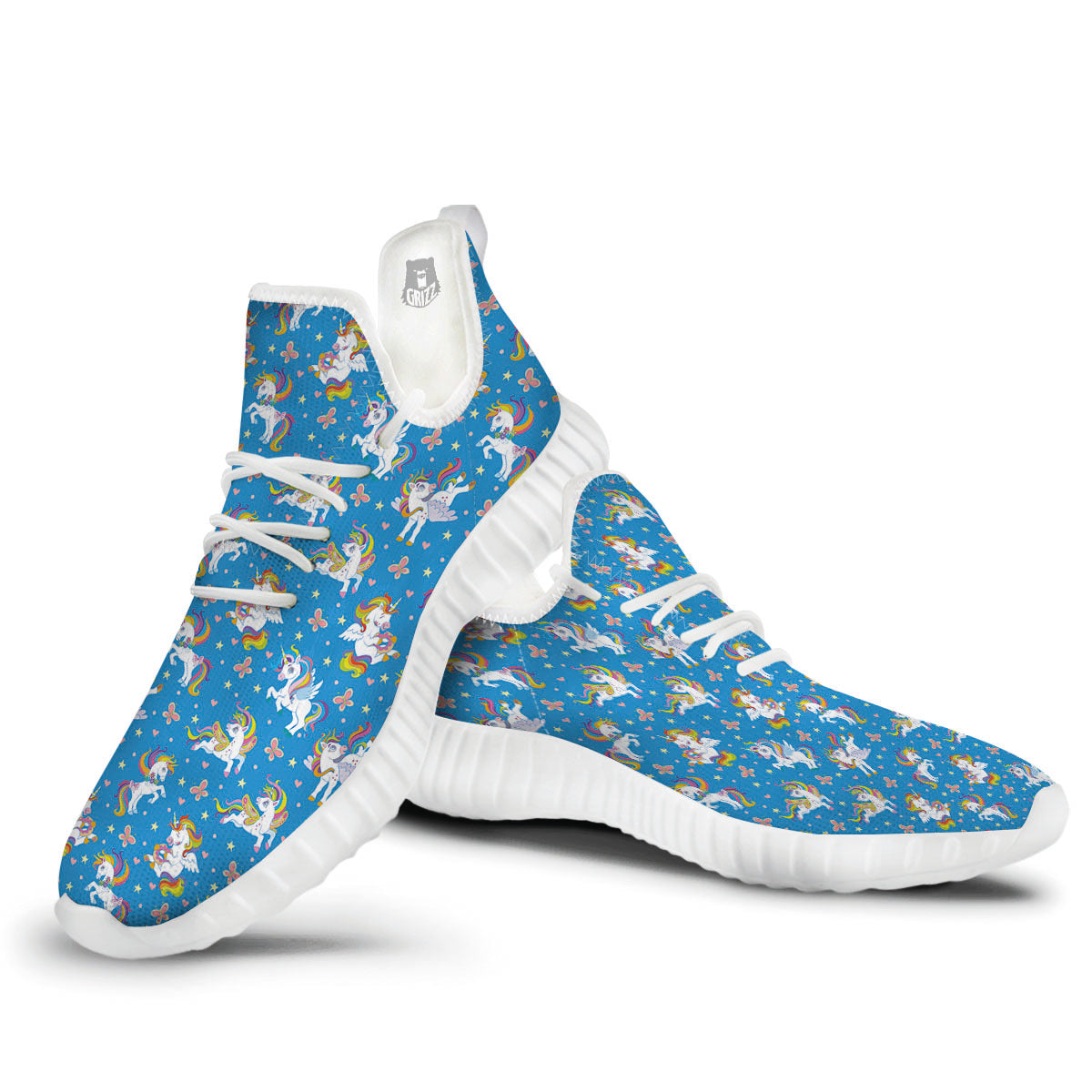 Unicorn Blue Rainbow Print Pattern White Walking Shoes-grizzshop