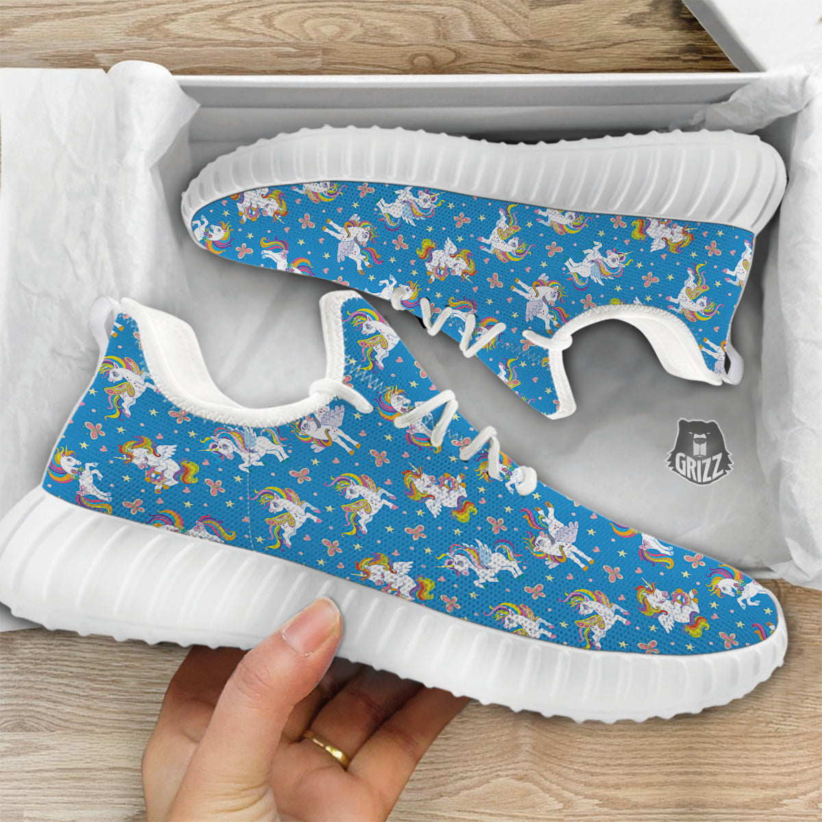 Unicorn Blue Rainbow Print Pattern White Walking Shoes-grizzshop